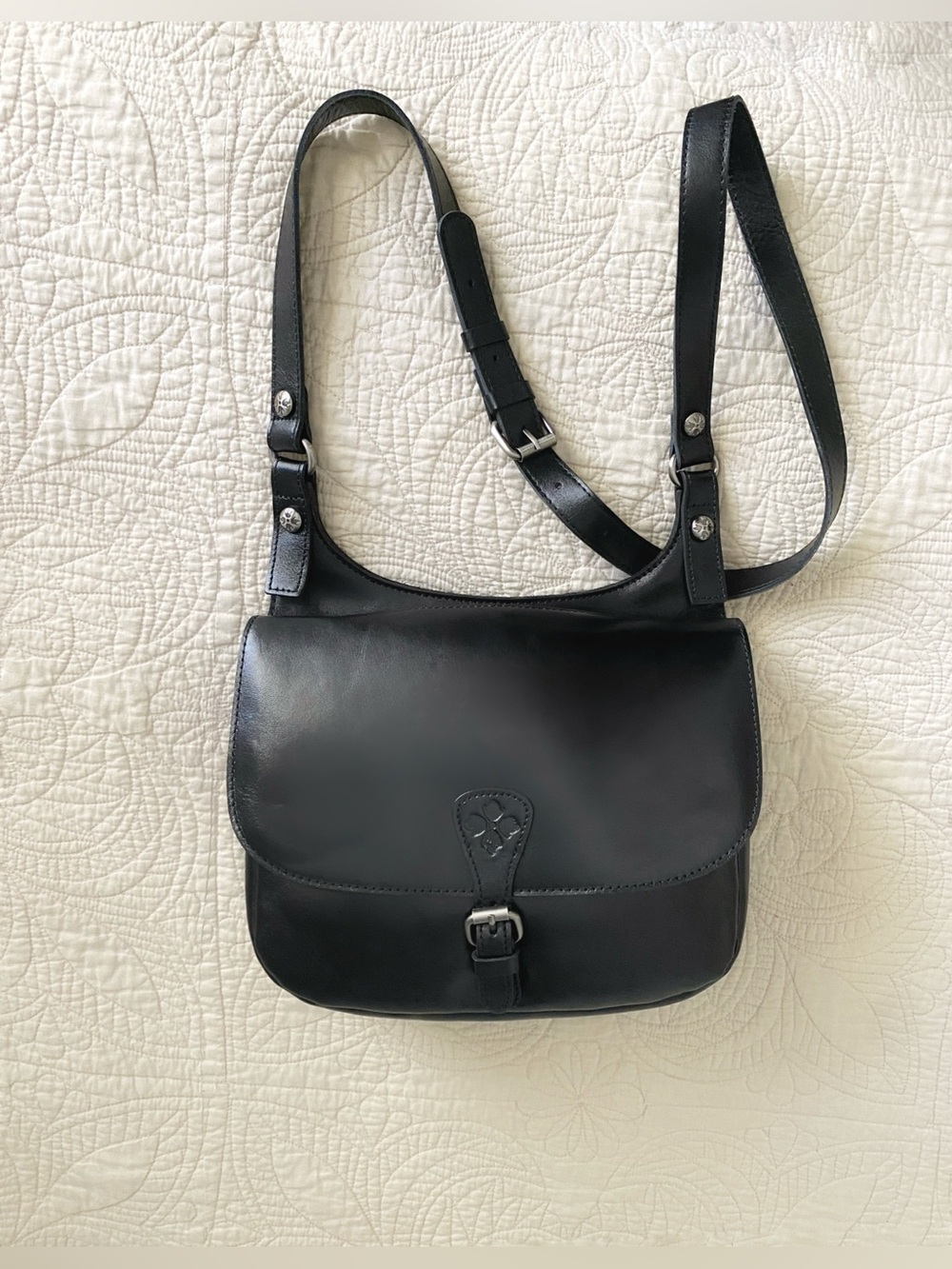 Patricia Nash Black Leather Saddle Bag